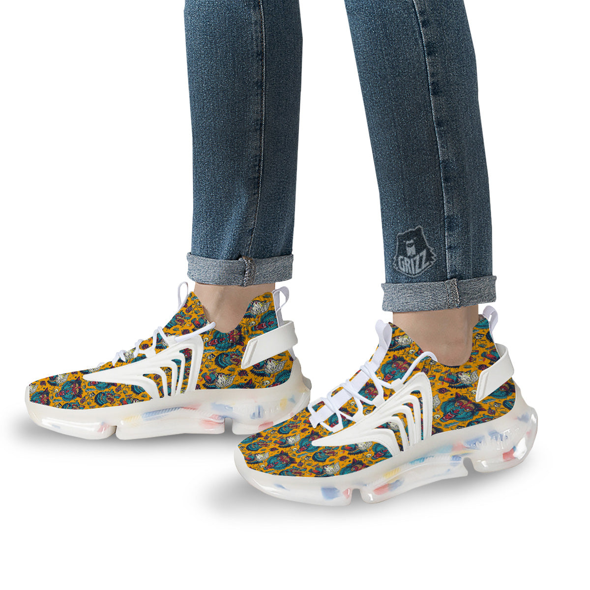 Wolf Head Yellow Tattoo Print Pattern White Gym Shoes-grizzshop