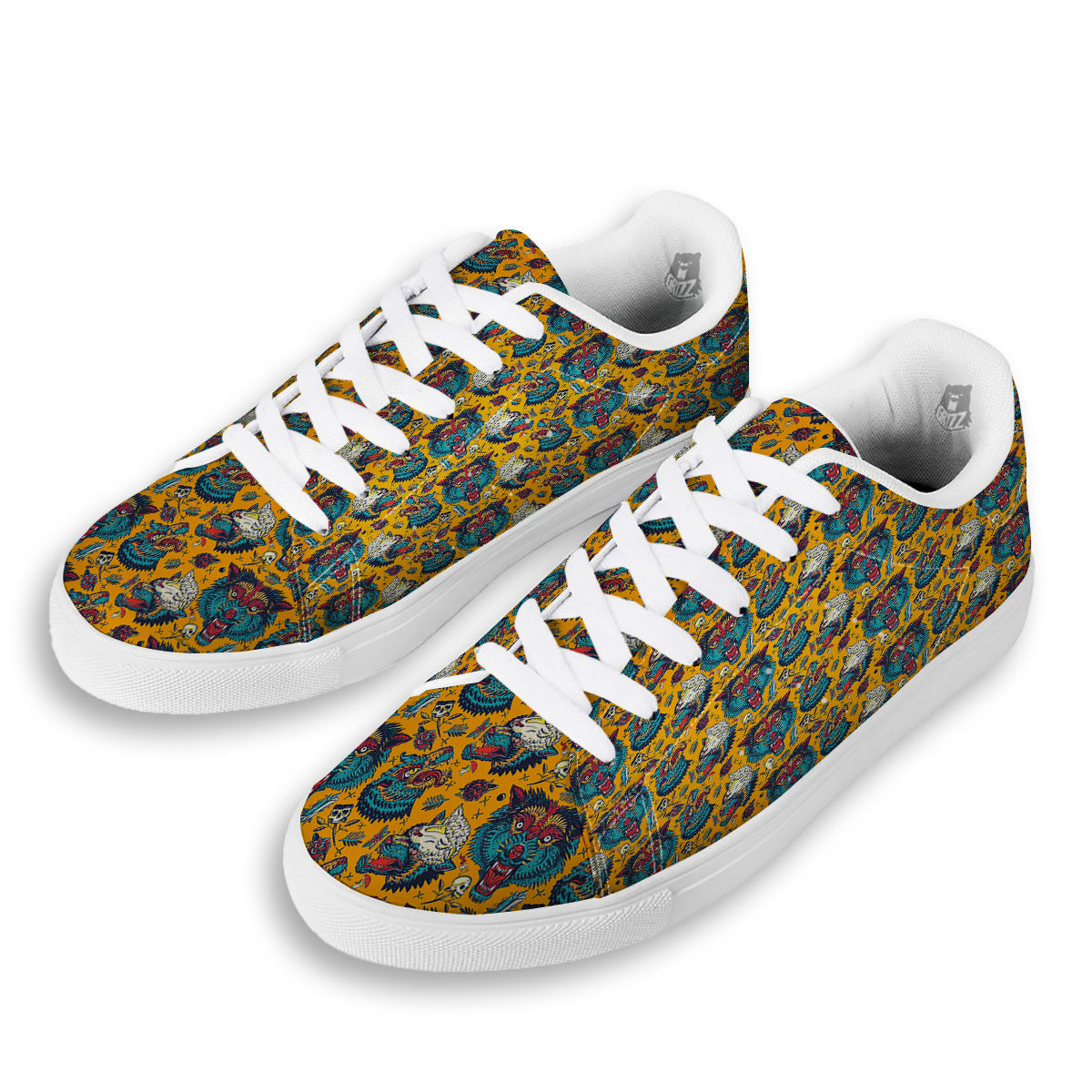 Wolf Head Yellow Tattoo Print Pattern White Low Top Sneakers-grizzshop