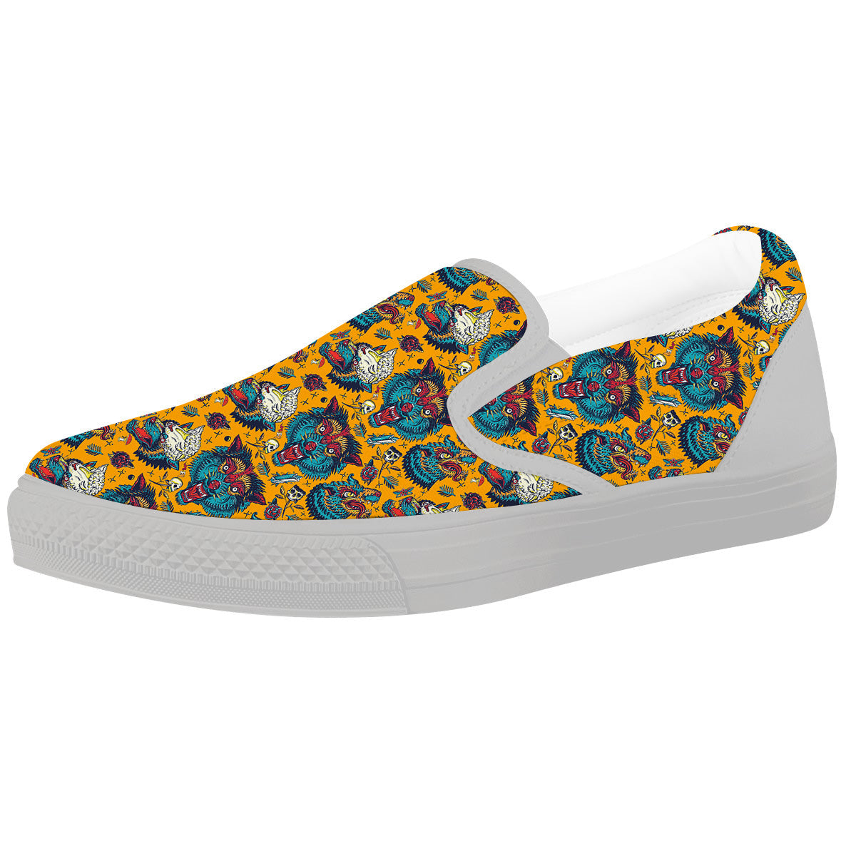 Wolf Head Yellow Tattoo Print Pattern White Slip On Shoes-grizzshop
