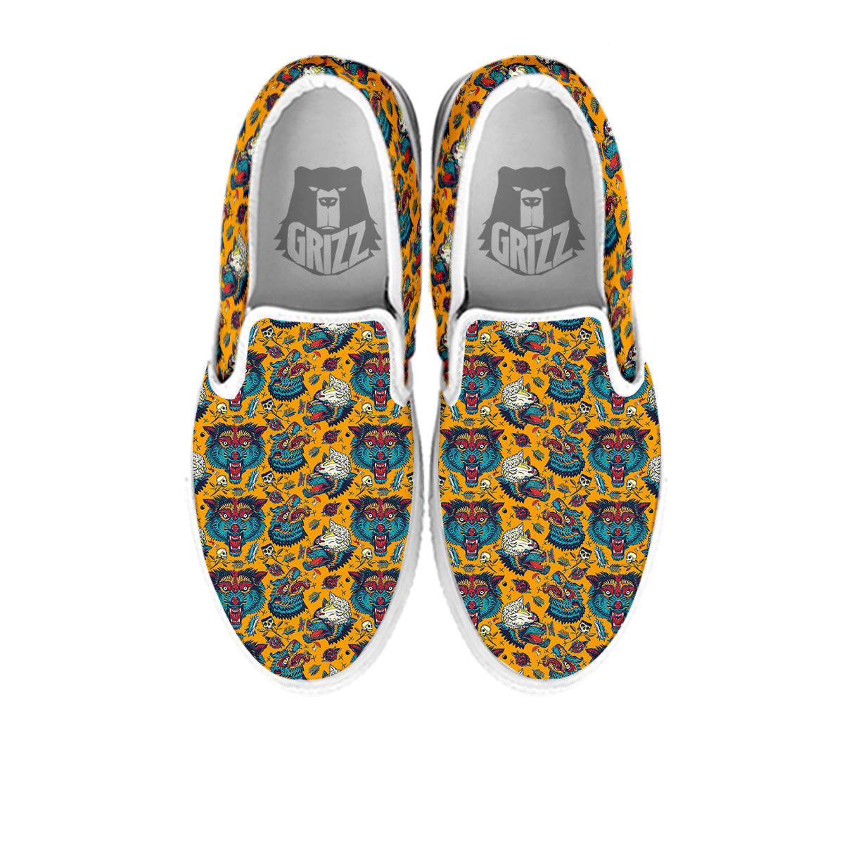 Wolf Head Yellow Tattoo Print Pattern White Slip On Shoes-grizzshop
