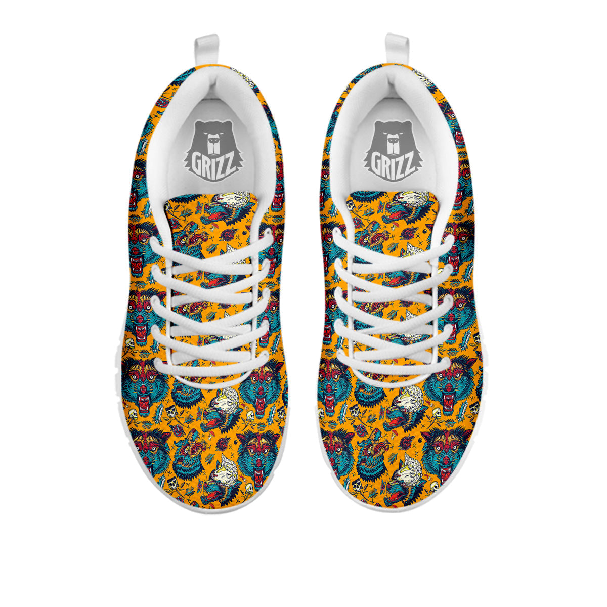 Wolf Head Yellow Tattoo Print Pattern White Sneaker-grizzshop