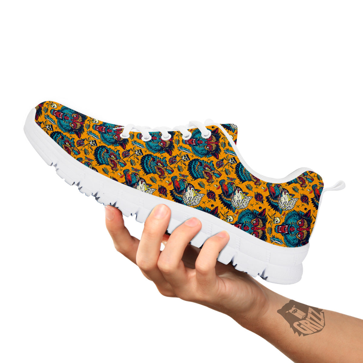 Wolf Head Yellow Tattoo Print Pattern White Sneaker-grizzshop