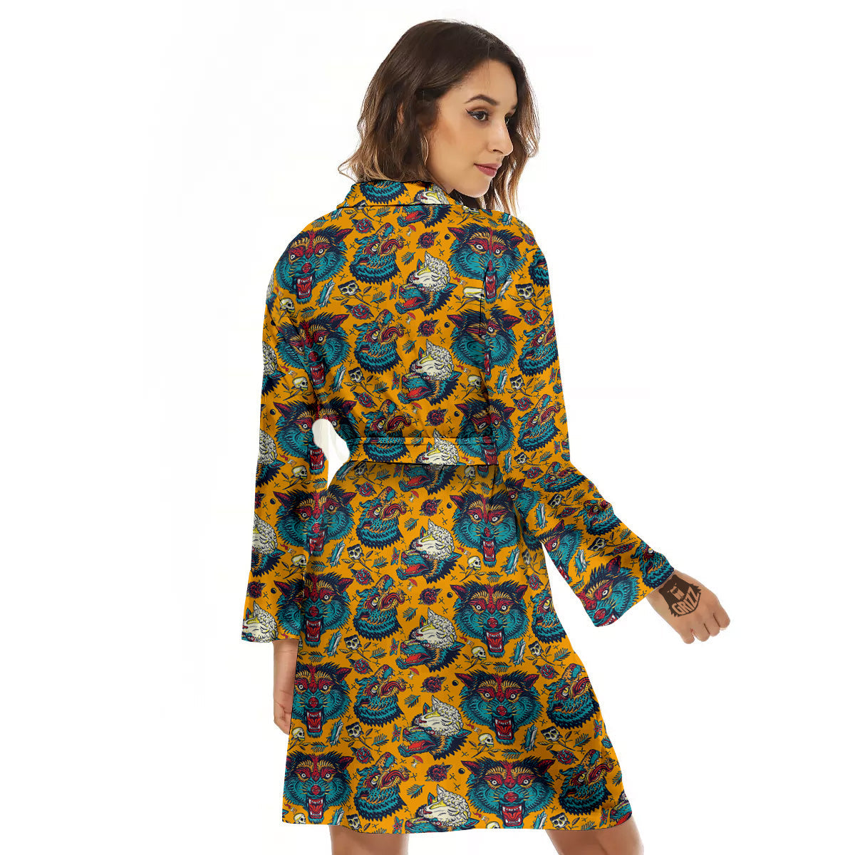 Wolf Head Yellow Tattoo Print Pattern Women's Robe-grizzshop