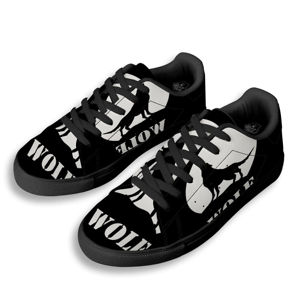 Wolf Howling Monochrome Print Black Low Top Sneakers-grizzshop