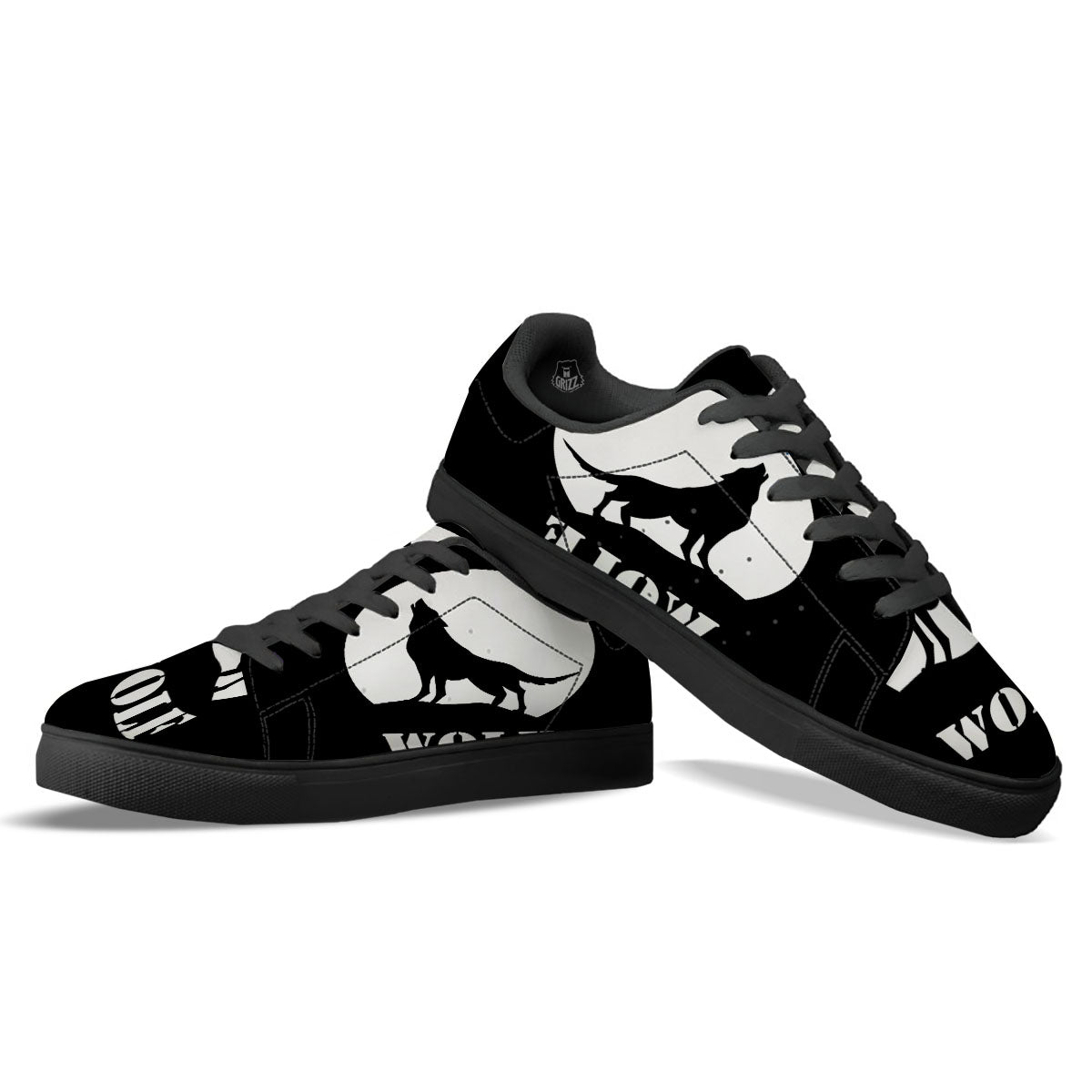 Wolf Howling Monochrome Print Black Low Top Sneakers-grizzshop