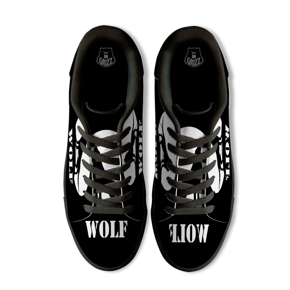 Wolf Howling Monochrome Print Black Low Top Sneakers-grizzshop