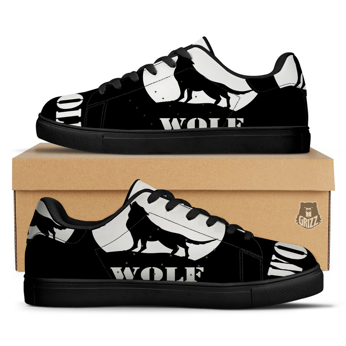 Wolf Howling Monochrome Print Black Low Top Sneakers-grizzshop