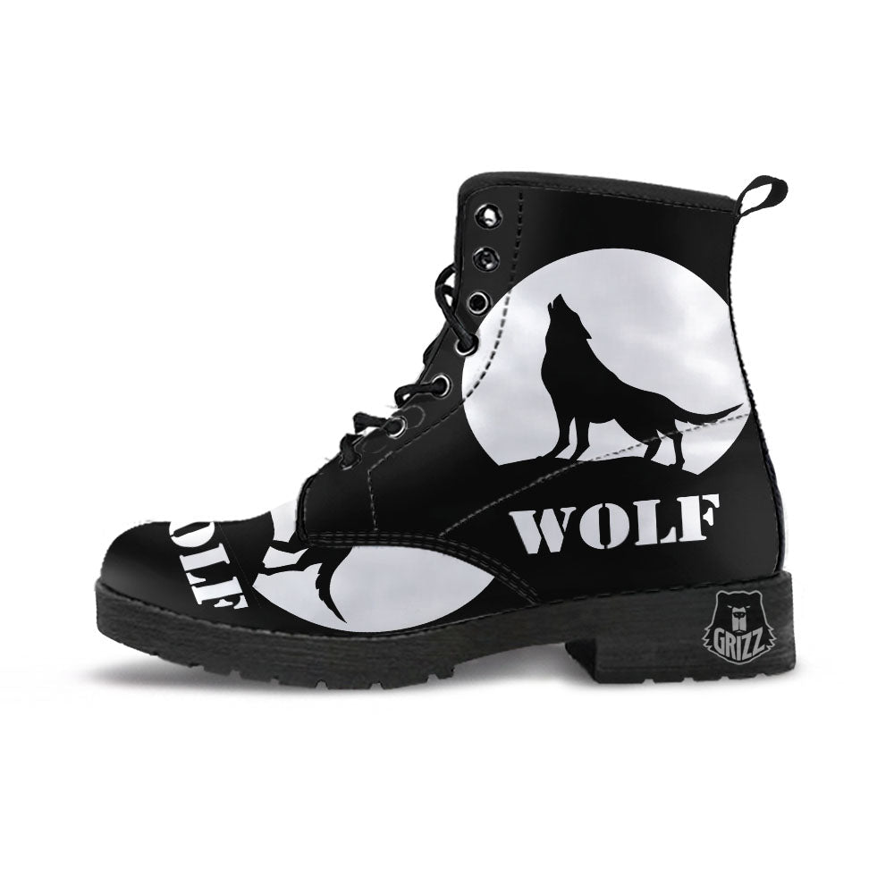 Wolf Howling Monochrome Print Leather Boots-grizzshop