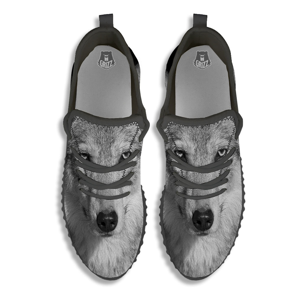 Wolf Monochrome Print Black Walking Shoes-grizzshop