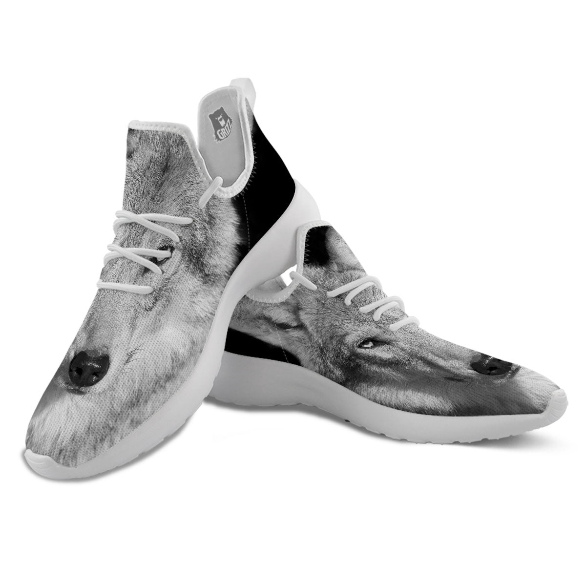 Wolf Monochrome Print White Athletic Shoes-grizzshop