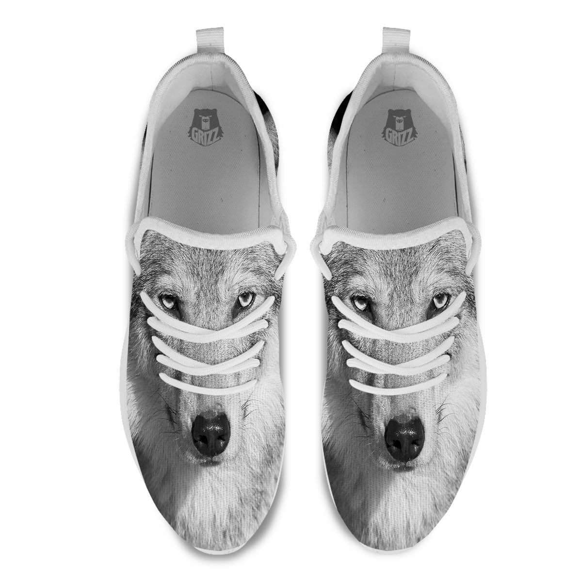 Wolf Monochrome Print White Athletic Shoes-grizzshop