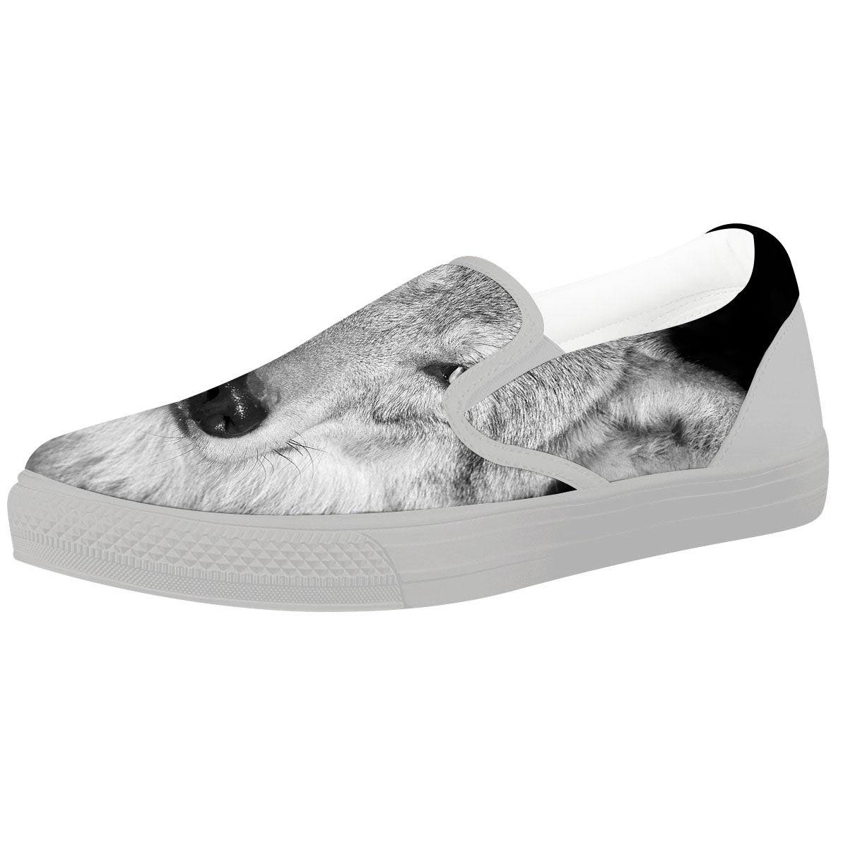 Wolf Monochrome Print White Slip On Shoes-grizzshop