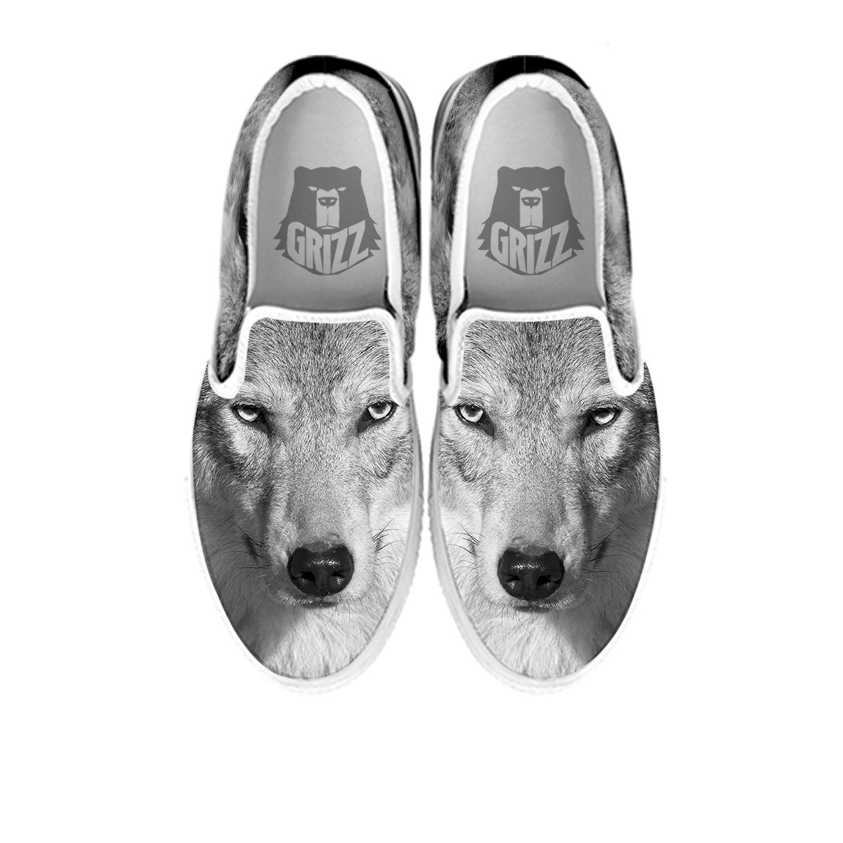 Wolf Monochrome Print White Slip On Shoes-grizzshop