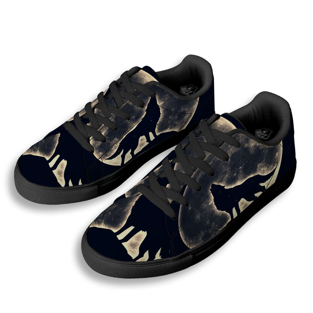 Wolf Moonlight Print Black Low Top Sneakers-grizzshop