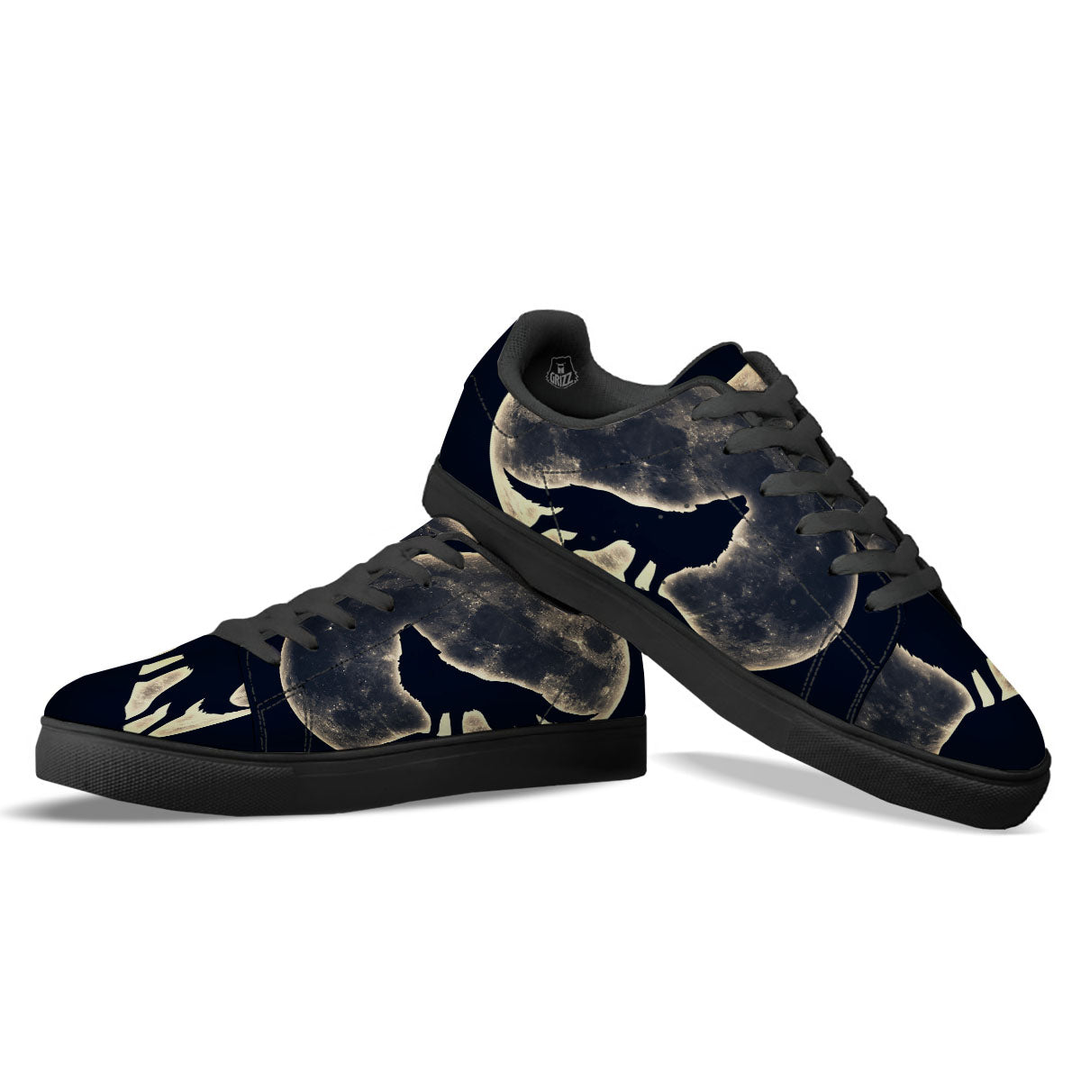 Wolf Moonlight Print Black Low Top Sneakers-grizzshop