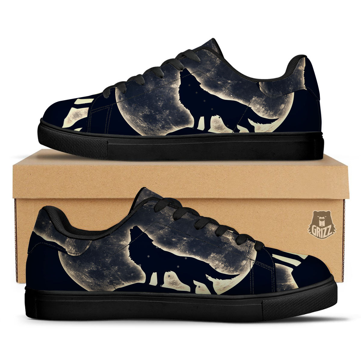 Wolf Moonlight Print Black Low Top Sneakers-grizzshop