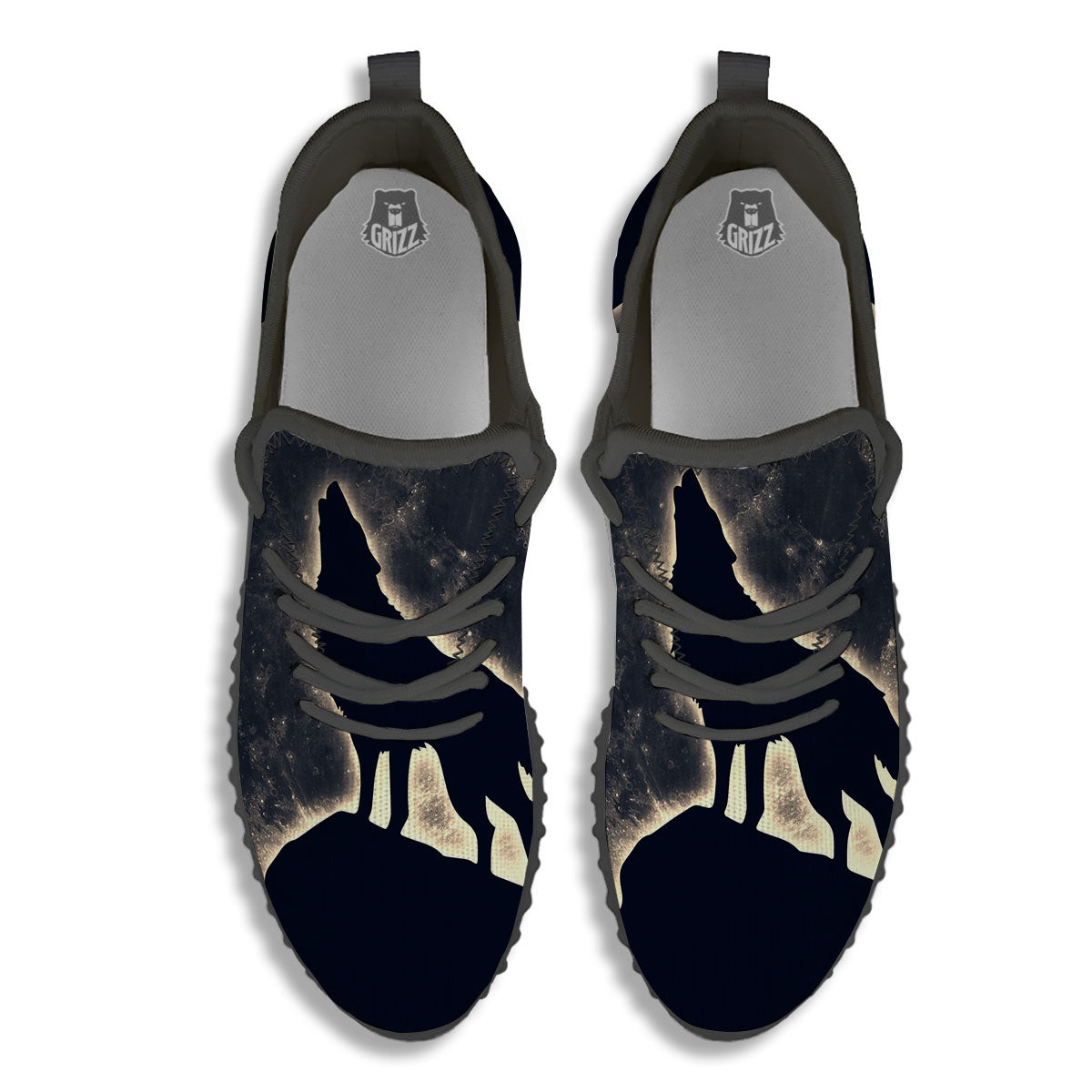 Wolf Moonlight Print Black Walking Shoes-grizzshop