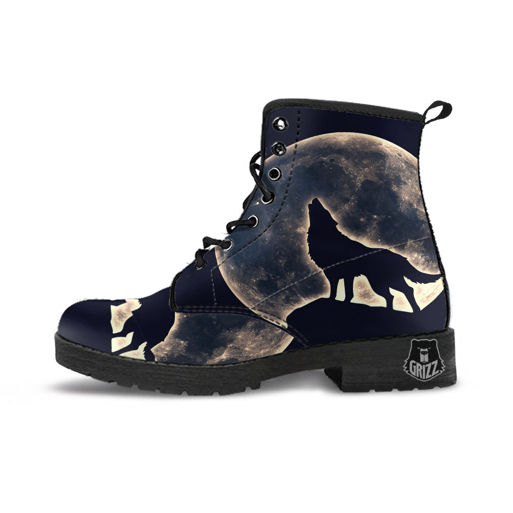 Wolf Moonlight Print Leather Boots-grizzshop