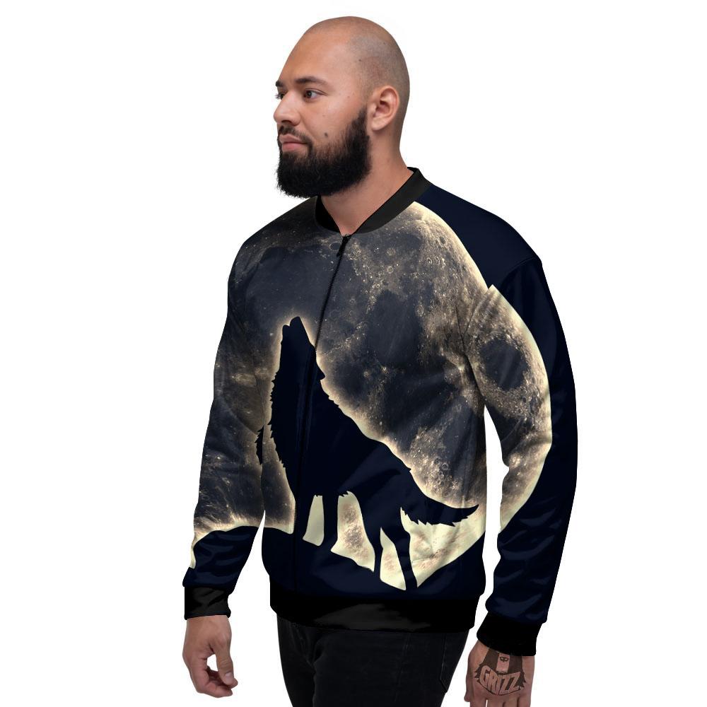 Wolf Moonlight Print Men's Bomber Jacket-grizzshop