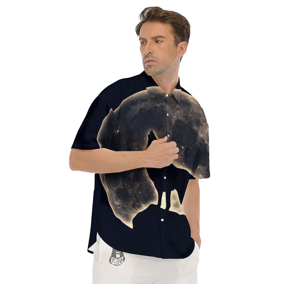 Wolf Moonlight Print Men's Short Sleeve Shirts-grizzshop