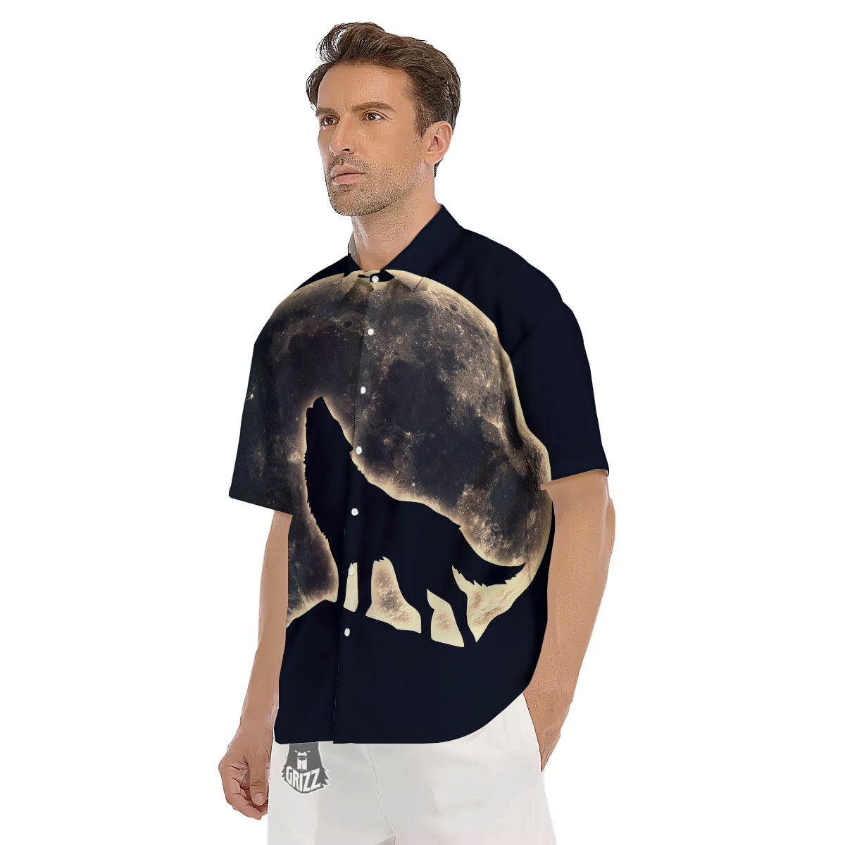 Wolf Moonlight Print Men's Short Sleeve Shirts-grizzshop