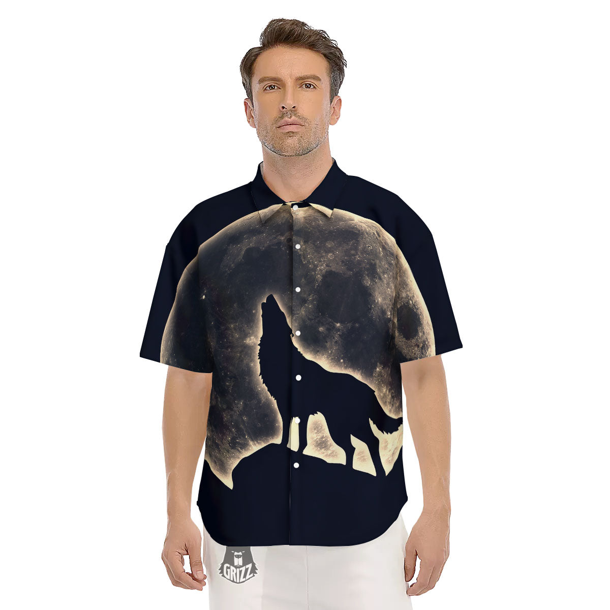 Wolf Moonlight Print Men's Short Sleeve Shirts-grizzshop