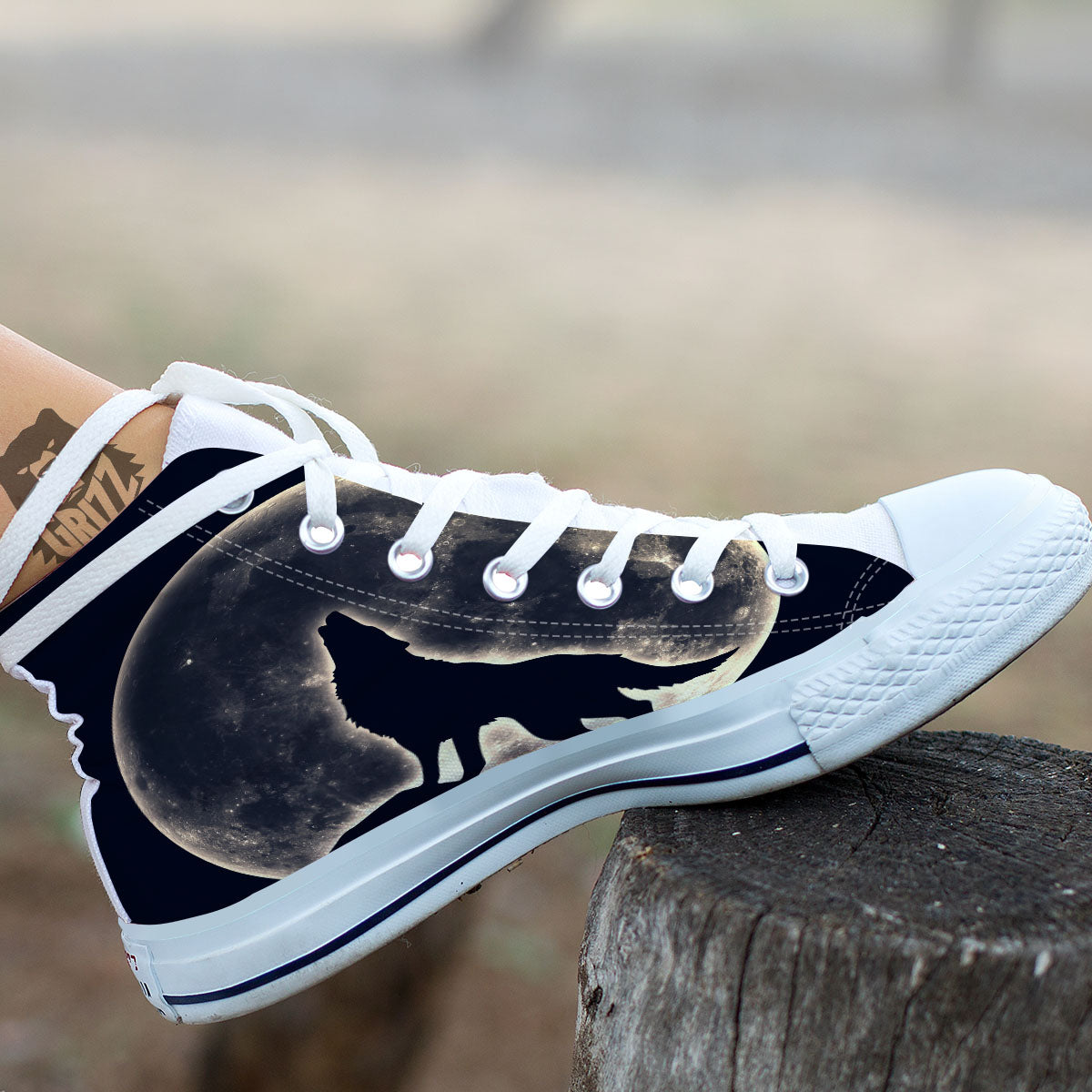 Wolf Moonlight Print White High Top Shoes-grizzshop