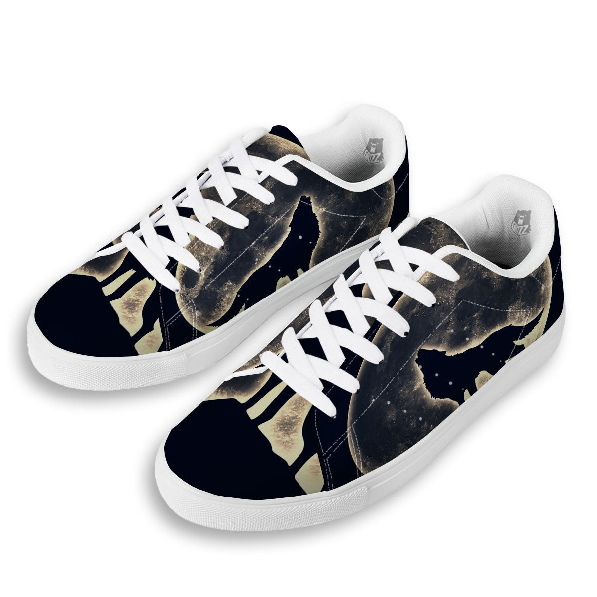 Wolf Moonlight Print White Low Top Sneakers-grizzshop