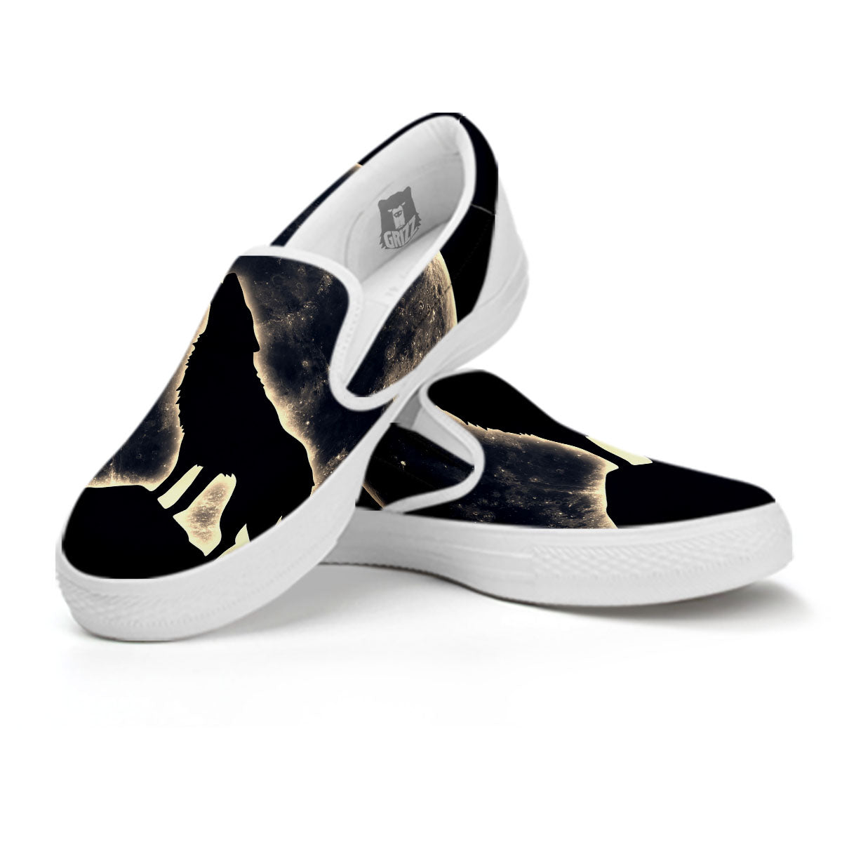 Wolf Moonlight Print White Slip On Shoes-grizzshop