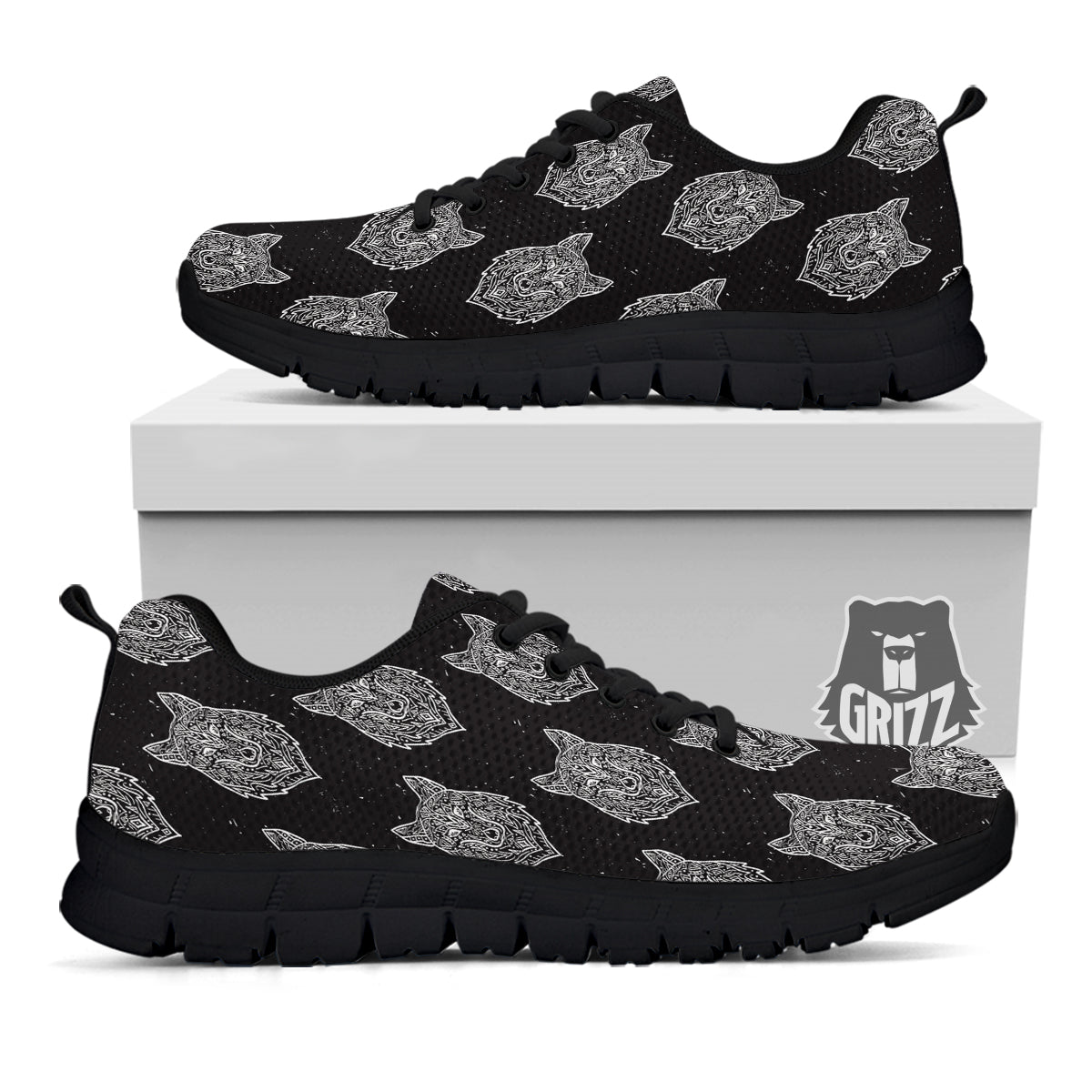 Wolf Native Tribal Print Pattern Black Sneaker-grizzshop