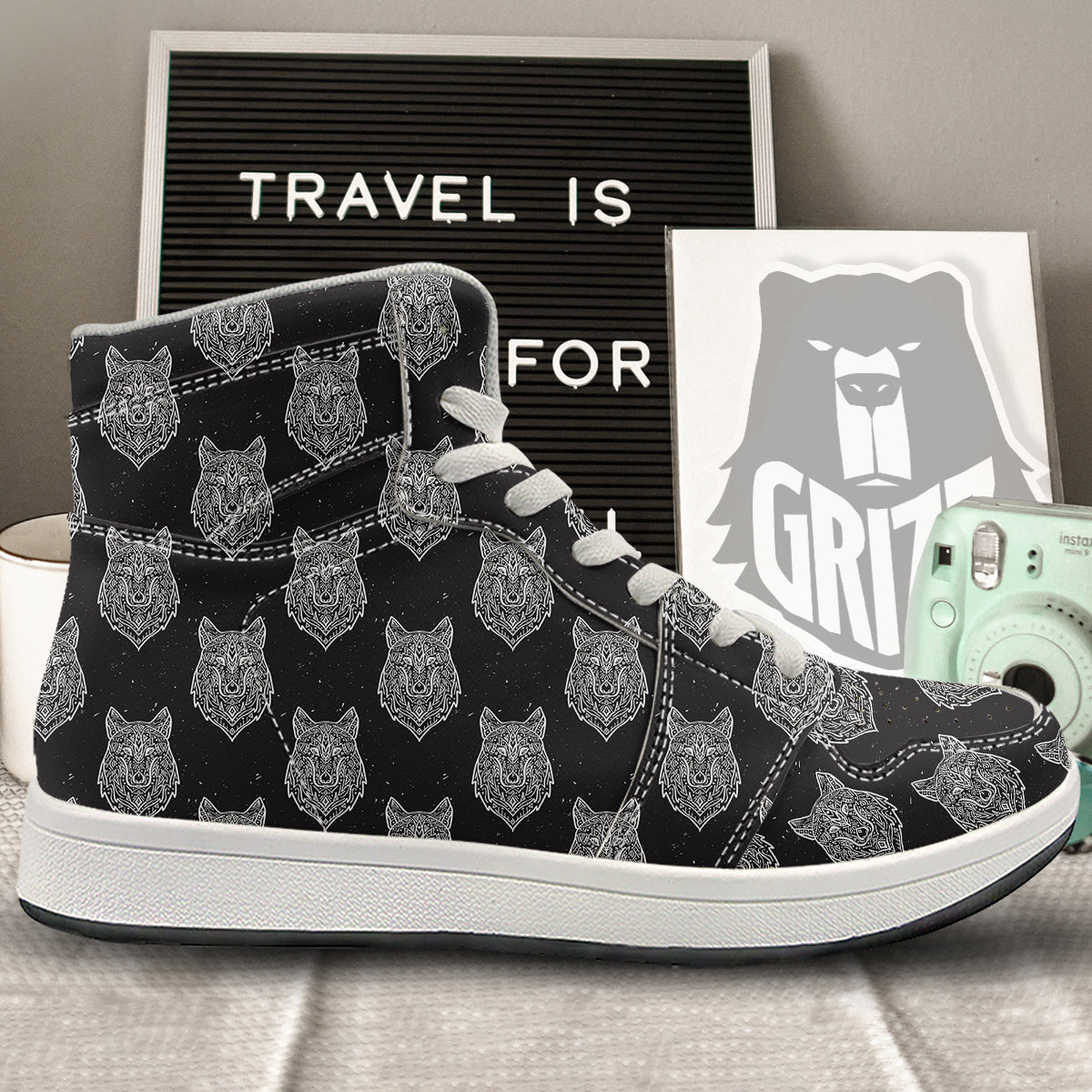 Wolf Native Tribal Print Pattern High Top Sneakers-grizzshop