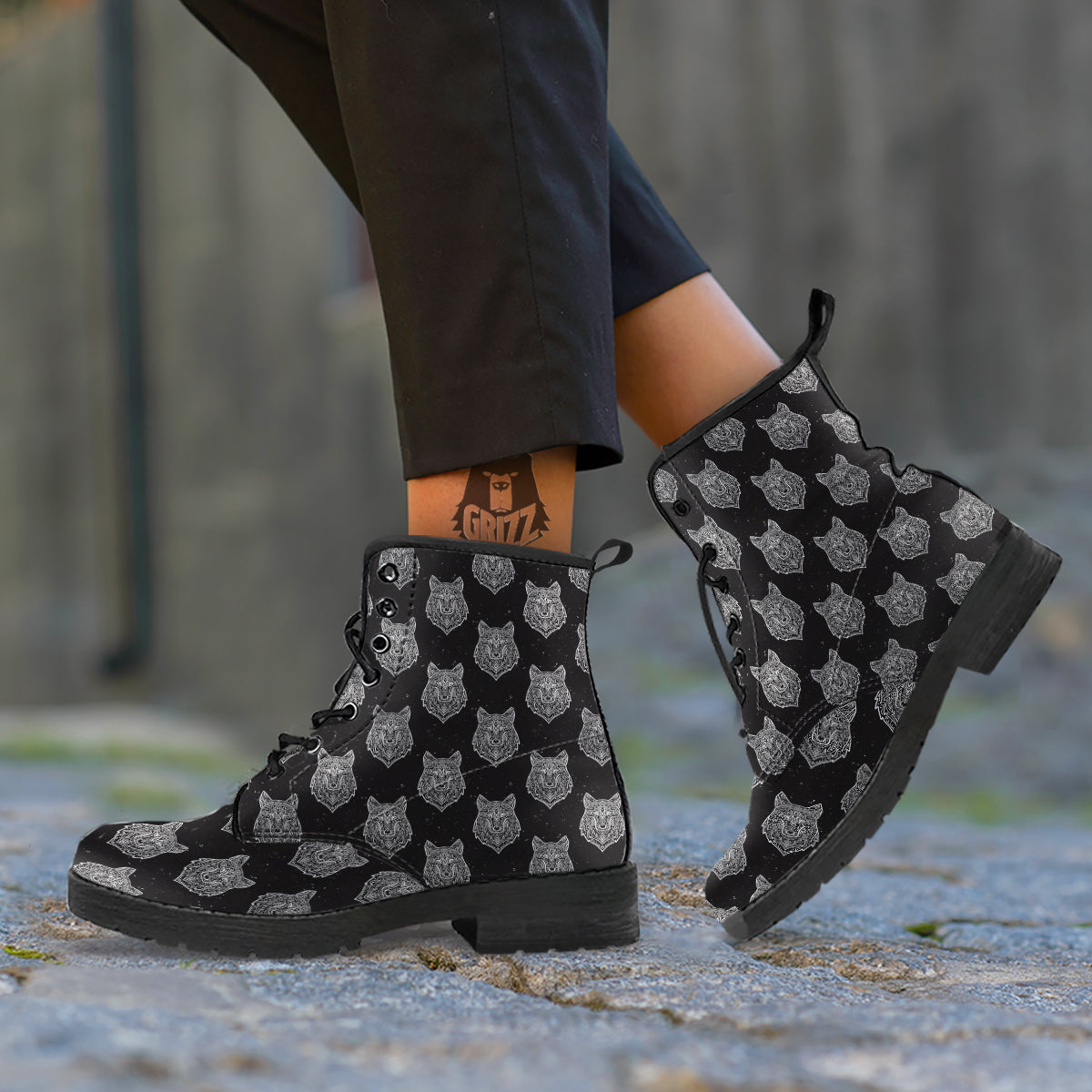Wolf Native Tribal Print Pattern Leather Boots-grizzshop