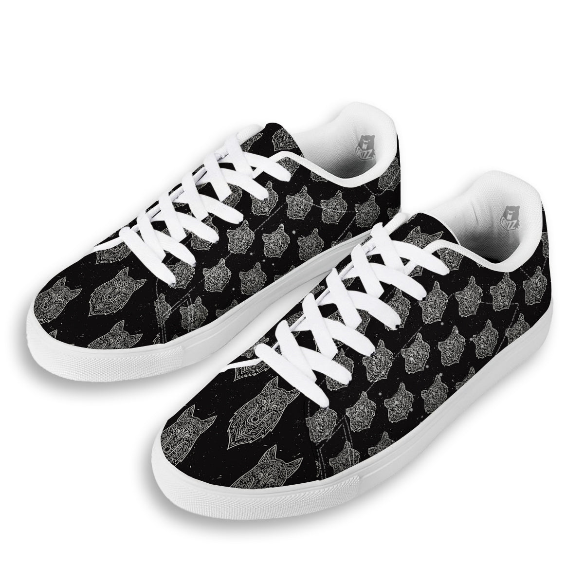 Wolf Native Tribal Print Pattern White Low Top Sneakers-grizzshop