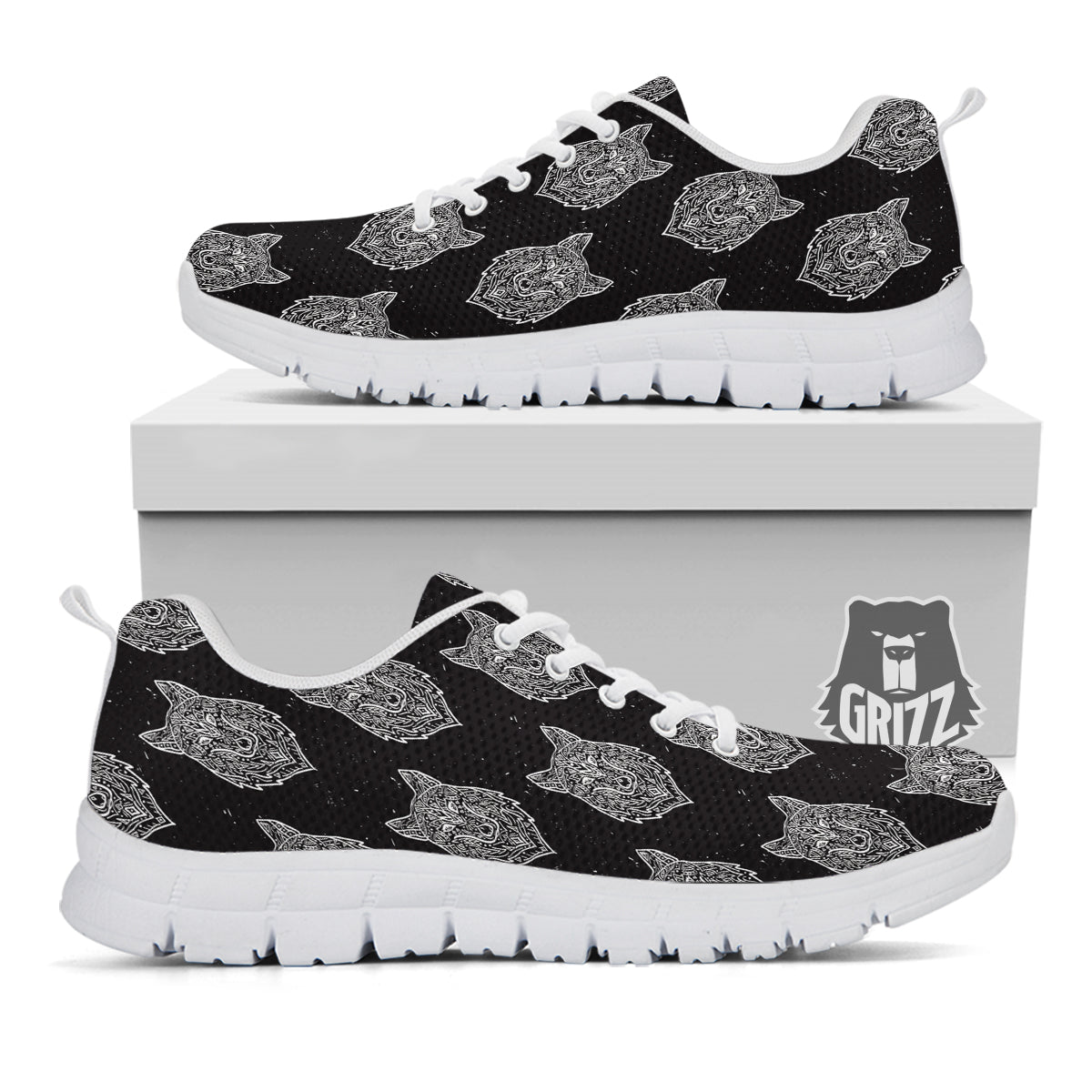 Wolf Native Tribal Print Pattern White Sneaker-grizzshop