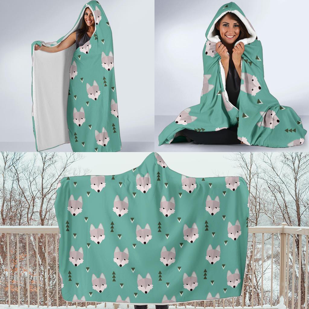 Wolf Pattern Print Hooded Blanket-grizzshop