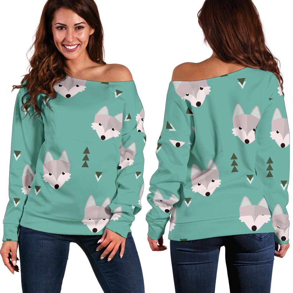 Wolf Pattern Print Women Off Shoulder Sweatshirt-grizzshop
