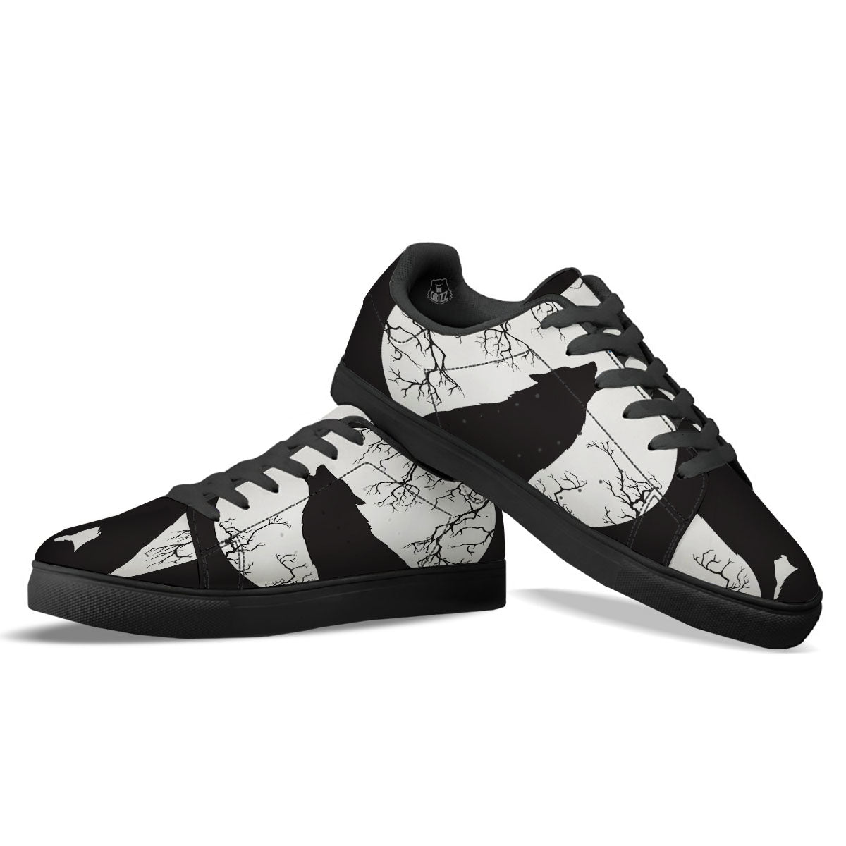 Wolf Spirit And Moon Print Black Low Top Sneakers-grizzshop