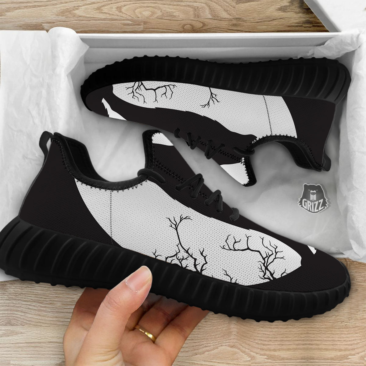 Wolf Spirit And Moon Print Black Walking Shoes-grizzshop