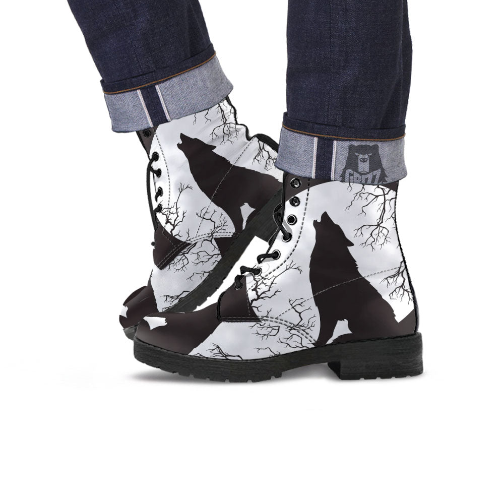 Wolf Spirit And Moon Print Leather Boots-grizzshop