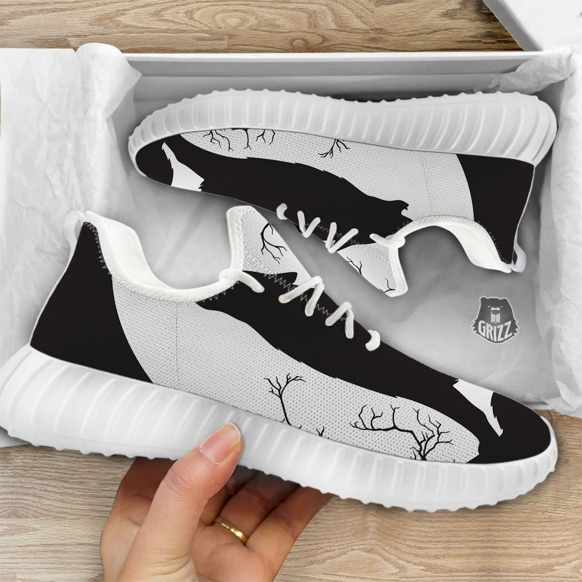 Wolf Spirit And Moon Print White Walking Shoes-grizzshop