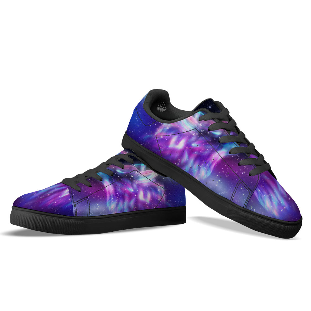 Wolf Spirit Aurora Howling Print Black Low Top Sneakers-grizzshop