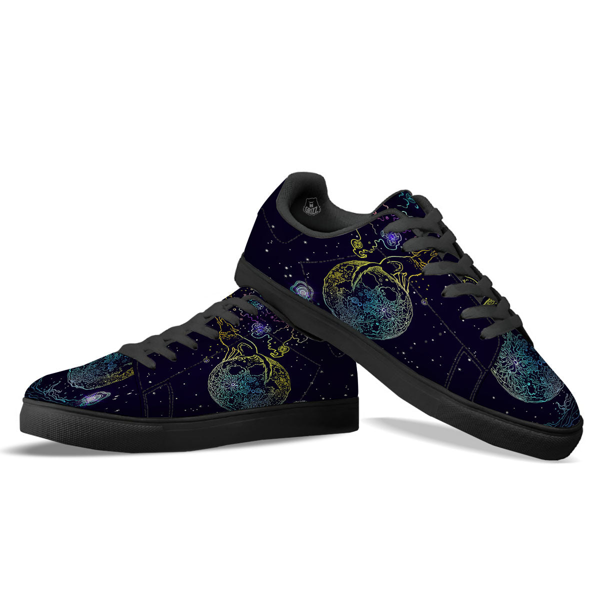 Wolf Spirit Galaxy Howling Print Black Low Top Sneakers-grizzshop