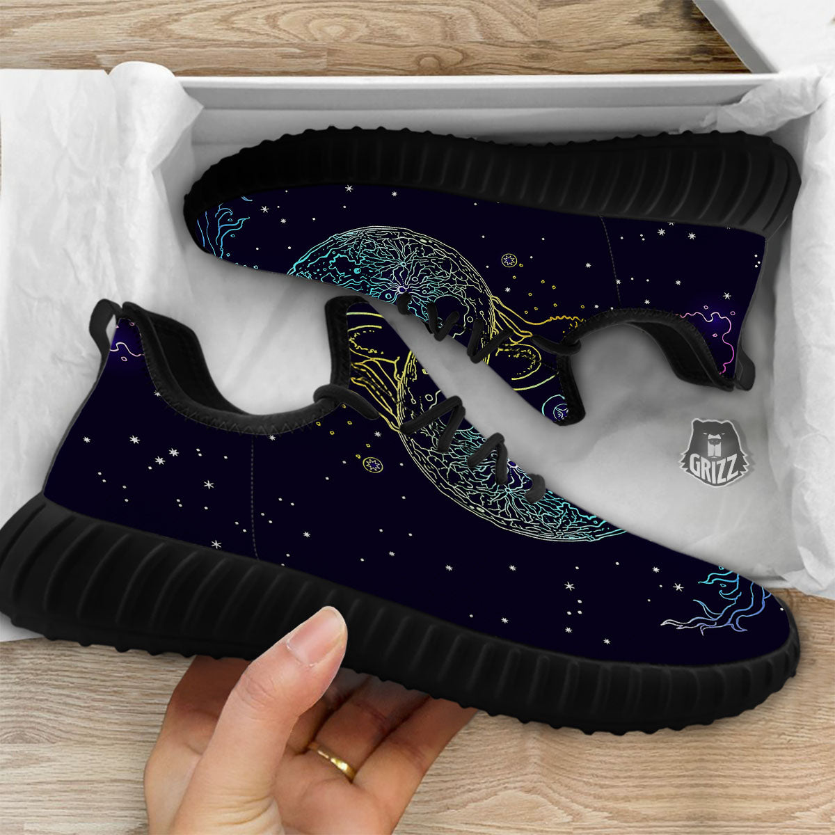 Wolf Spirit Galaxy Howling Print Black Walking Shoes-grizzshop