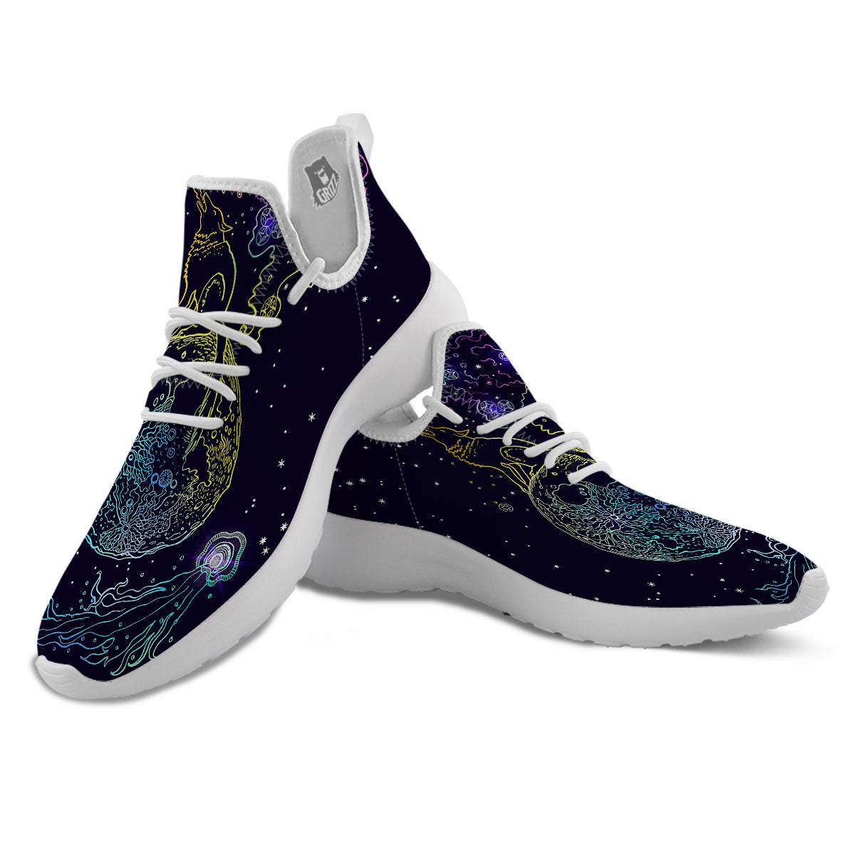 Wolf Spirit Galaxy Howling Print White Athletic Shoes-grizzshop