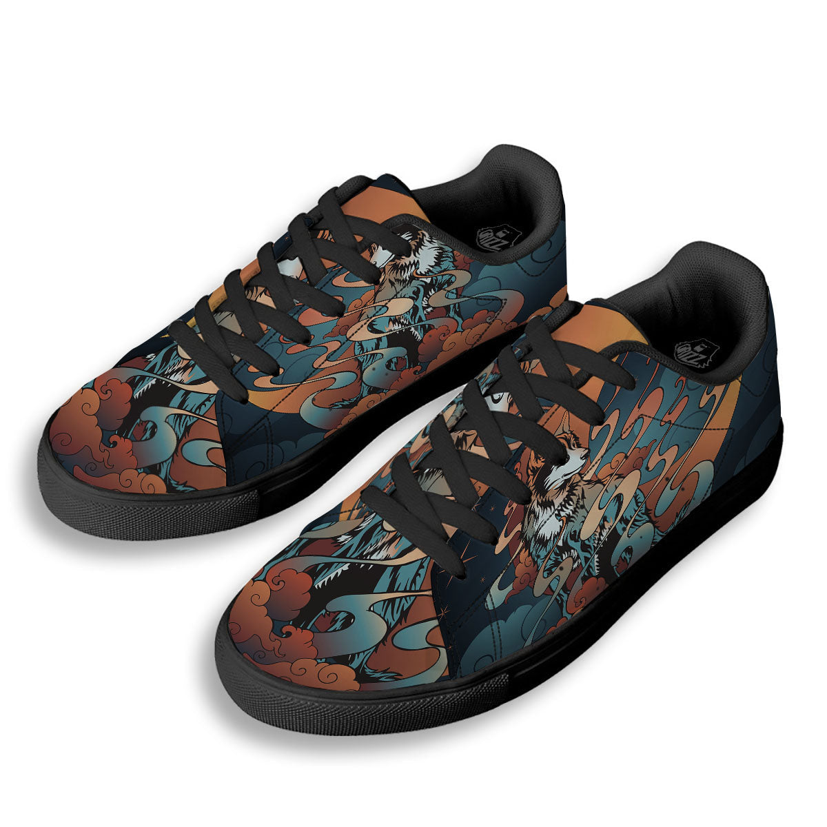 Wolf Spirit Night Forest Print Black Low Top Sneakers-grizzshop