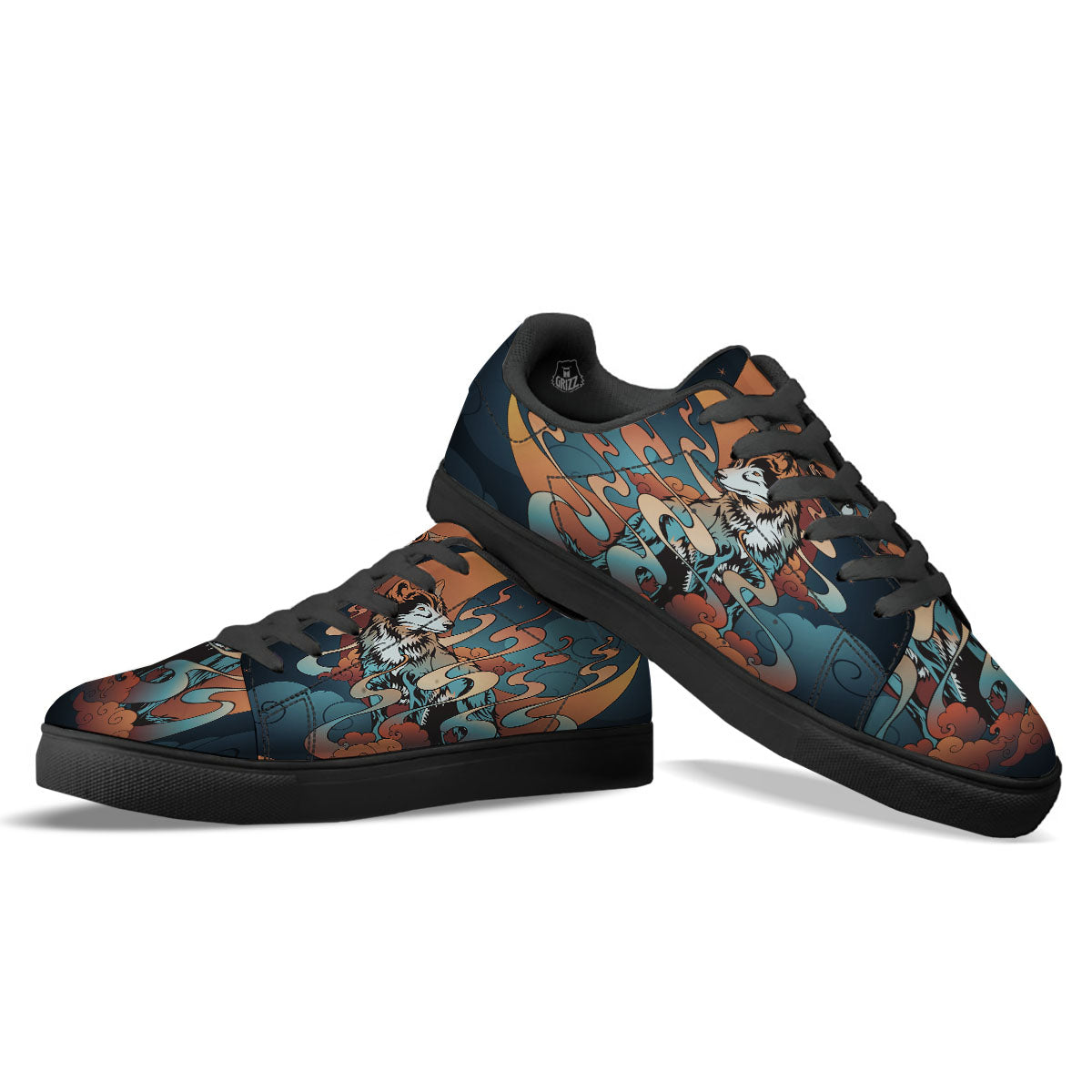 Wolf Spirit Night Forest Print Black Low Top Sneakers-grizzshop