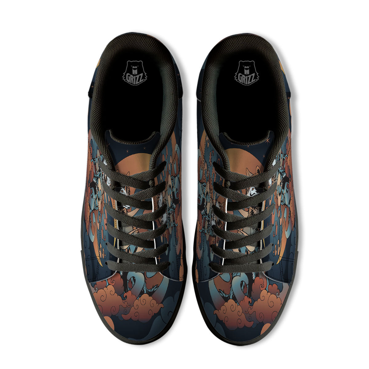 Wolf Spirit Night Forest Print Black Low Top Sneakers-grizzshop