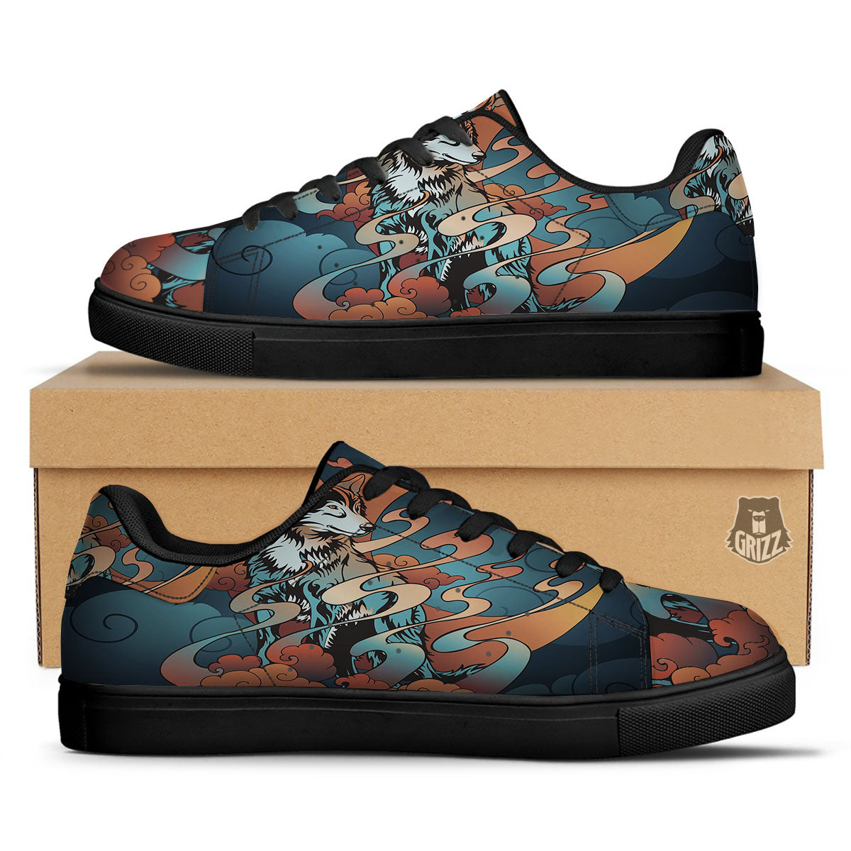 Wolf Spirit Night Forest Print Black Low Top Sneakers-grizzshop