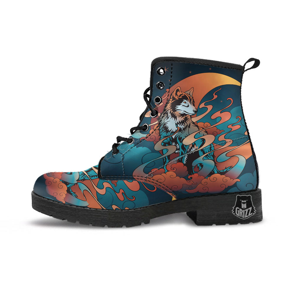 Wolf Spirit Night Forest Print Leather Boots-grizzshop