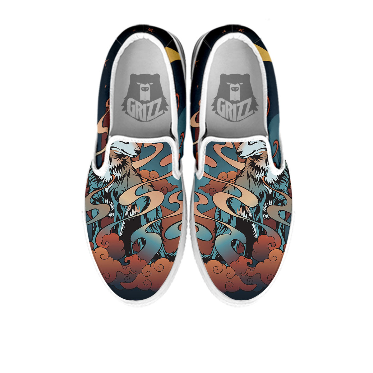 Wolf Spirit Night Forest Print White Slip On Shoes-grizzshop